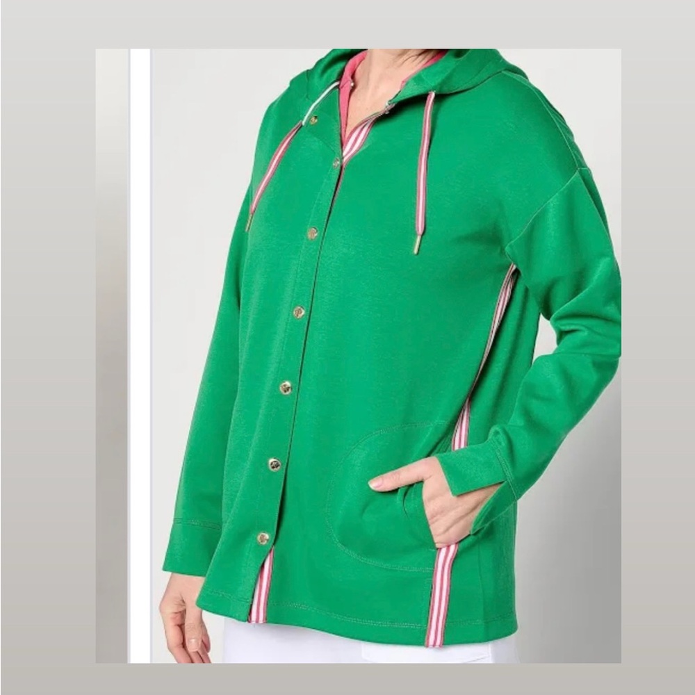 Isaac Mizrahi Live! Regular Clubhouse Scuba Knit Snap Front Tunic w/ Hood - Picture 9 of 9